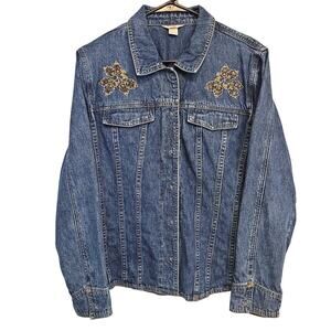 Christopher & Banks Jean Jacket Embroidered Sequins Beaded Size XL Snaps Pockets